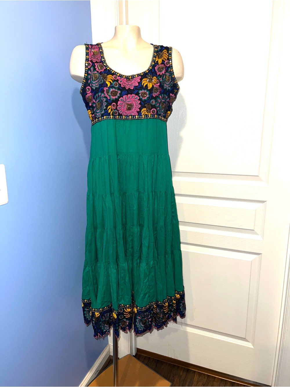 Anarkali Embroidered dress in Teal with Multicolor Bodice size M w defect